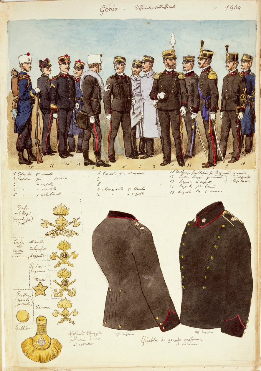 Mundury Genio (inżynierów), oficerów i podoficerów Królestwa Włoch, kolorowa tablica autorstwa Quinto Cenni autorstwa Quinto Cenni