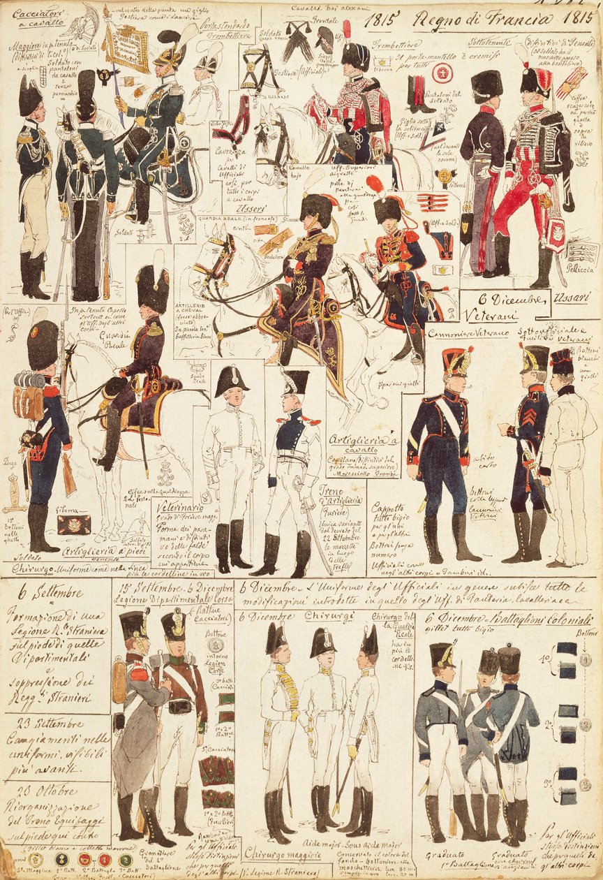 Mundury myśliwych na koniach Królestwa Francji, autor Quinto Cenni, kolorowa tablica autorstwa Quinto Cenni