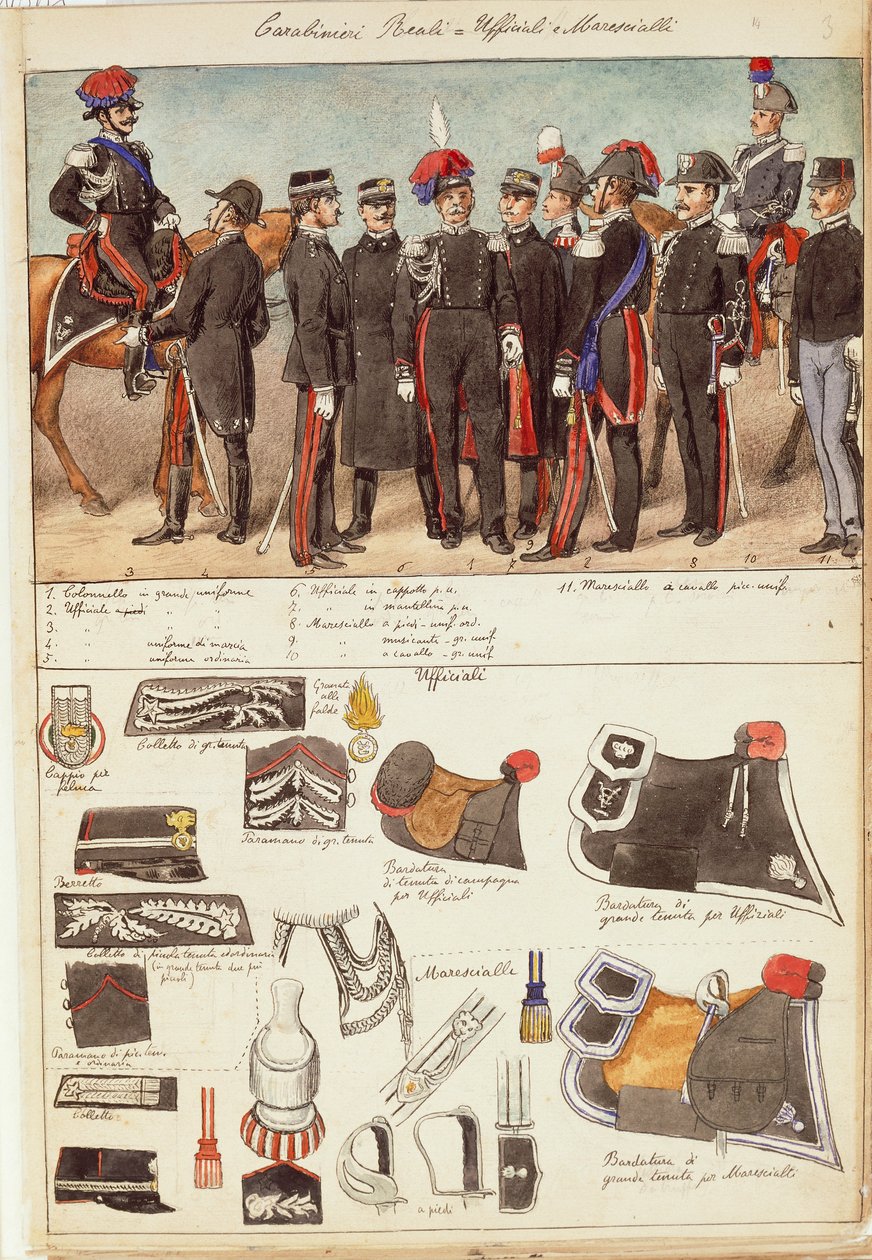 Mundury Royal Carabinieri, oficerów i podoficerów Królestwa Włoch, kolorowa tablica autorstwa Quinto Cenni autorstwa Quinto Cenni