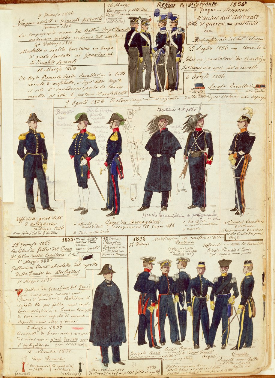 Mundury armii piemonckiej w latach 1836-1886. Tabliczka barwna autorstwa Cenni Quinto autorstwa Quinto Cenni