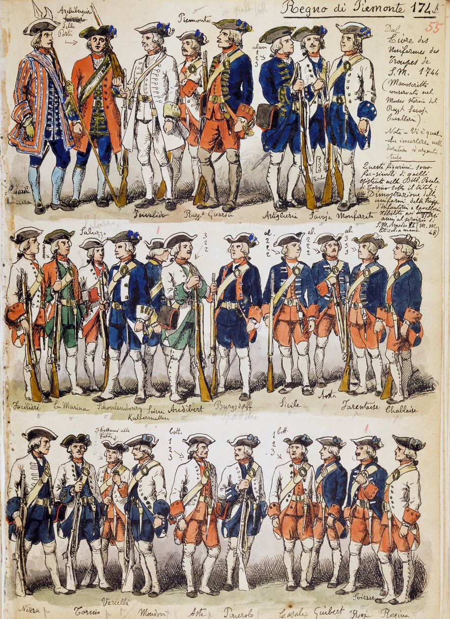 Mundury wojsk Królestwa Piemontu w 1744 r., tablica zaczerpnięta z Kodeksu Cenni, zbiór szkiców wojskowych rysowanych przez Quinto Cenni (1845-1917) autorstwa Quinto Cenni