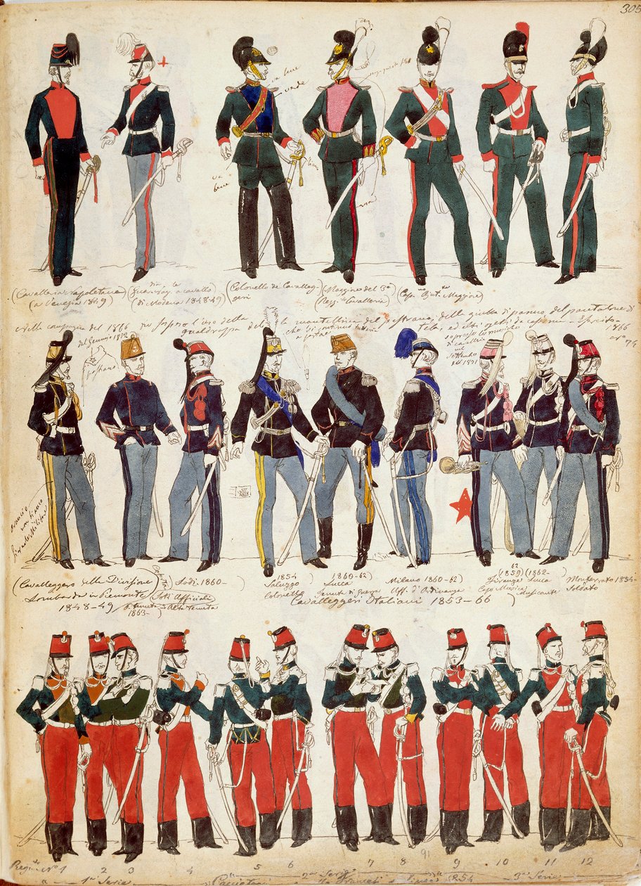 Różne włoskie mundury w powszechnym użyciu około 1860 roku przez Quinto Cenni, kolorowa płyta autorstwa Quinto Cenni