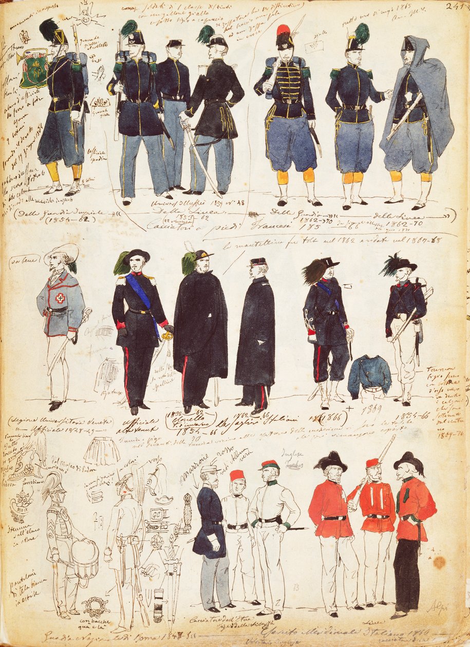Różne włoskie mundury w powszechnym użyciu w latach 1847-1870 przez Quinto Cenni, kolorowa płyta autorstwa Quinto Cenni