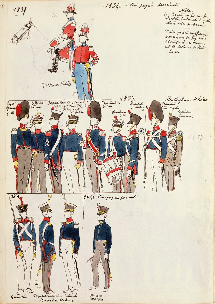 Różne mundury, Quinto Cenni, kolorowa tablica, ok. 1834-1841 autorstwa Quinto Cenni