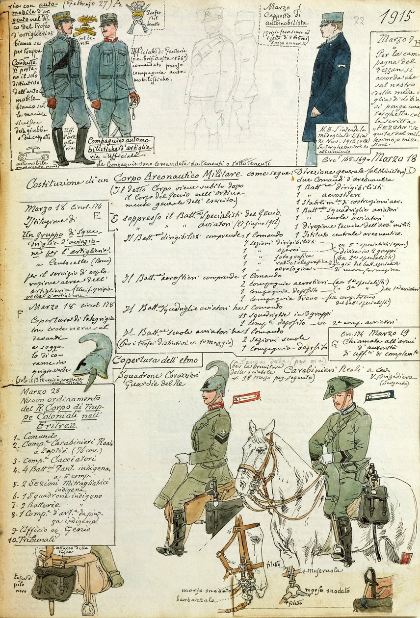Różne mundury Królestwa Włoch, kolorowa tablica autorstwa Quinto Cenni autorstwa Quinto Cenni