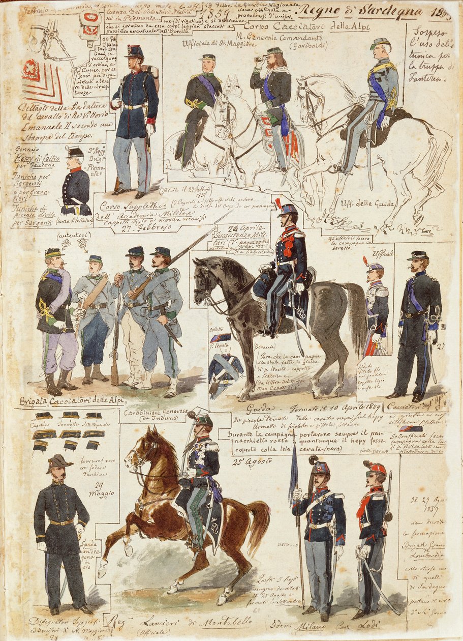 Różne mundury Królestwa Sardynii autorstwa Quinto Cenni, kolorowa tablica autorstwa Quinto Cenni