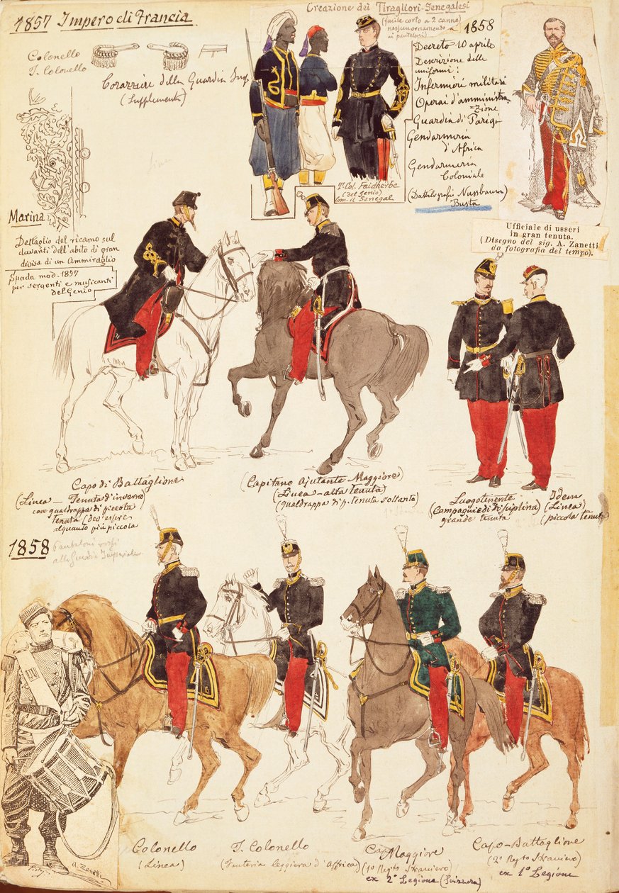 Różne mundury Królestwa Francji, autorstwa Quinto Cenni, kolorowa tablica autorstwa Quinto Cenni