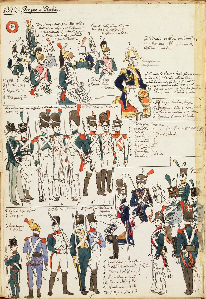 Różne mundury Królestwa Włoch z 1807 roku. Tabliczka barwna autorstwa Cenni Quinto autorstwa Quinto Cenni
