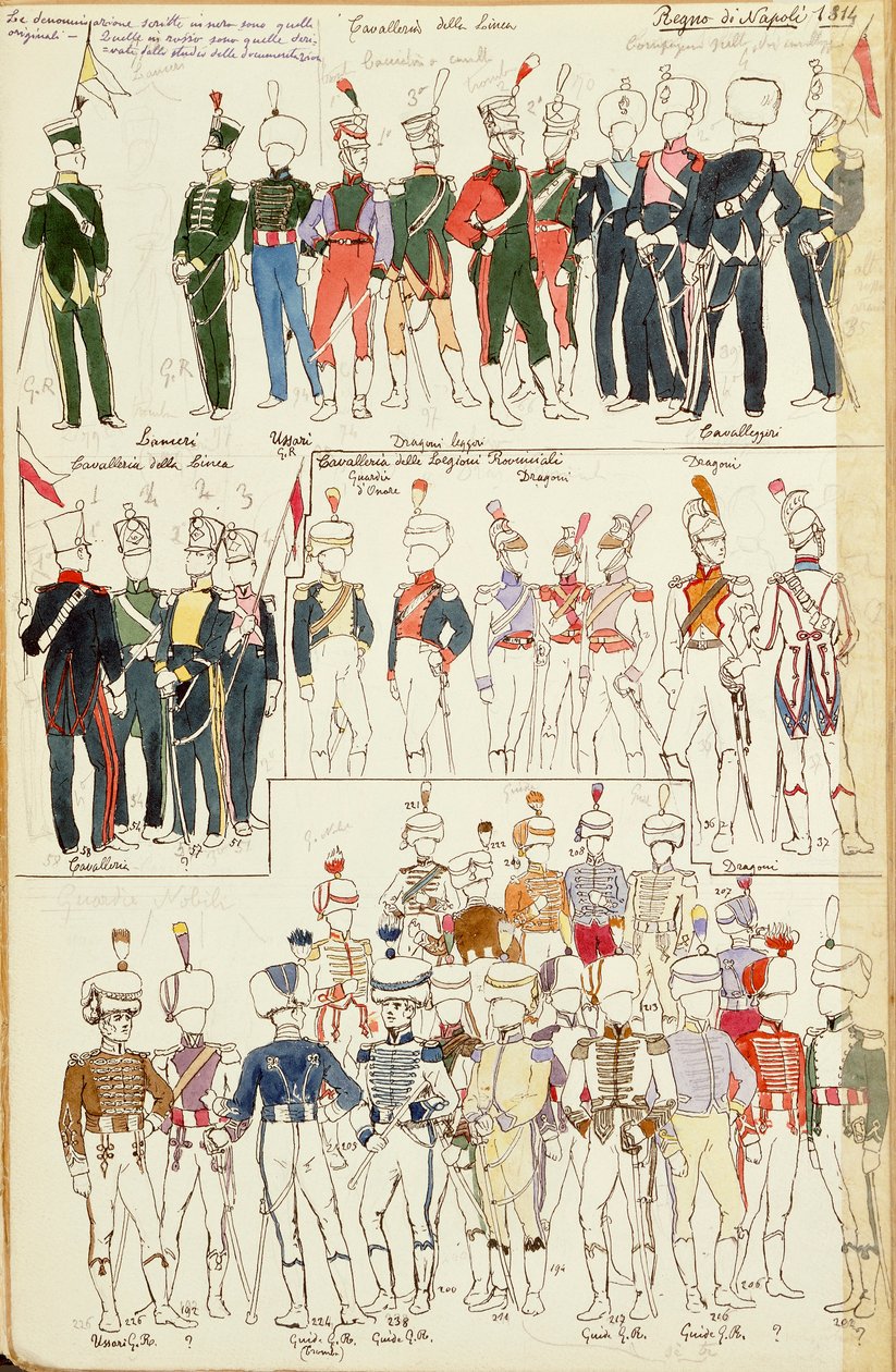 Różne mundury Królestwa Neapolu z 1814 r. Kolorowa tabliczka autorstwa Cenni Quinto autorstwa Quinto Cenni