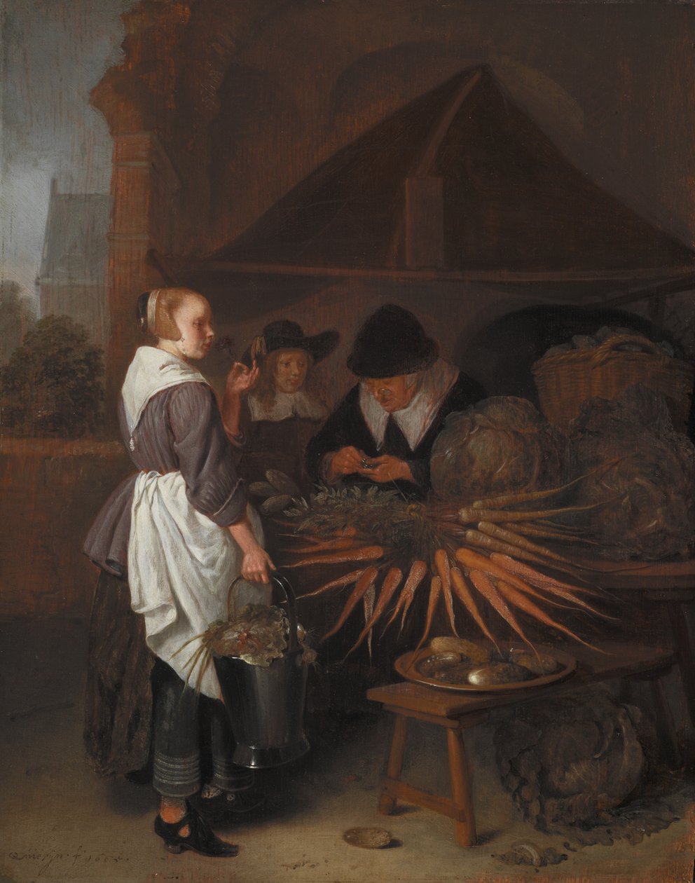 Stragan z warzywami, 1665 (olej na płycie dębowej) autorstwa Quiringh Van Brekelenkam