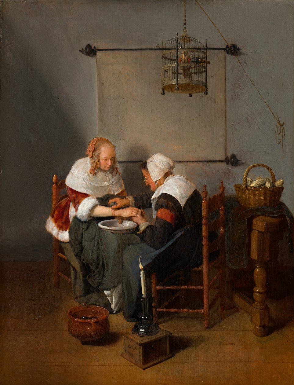 Stara kobieta krwawi z młodą kobietą, znana jako „Upuszczanie krwi”, ok. 1660 r. autorstwa Quiringh Gerritsz. van Brekelenkam