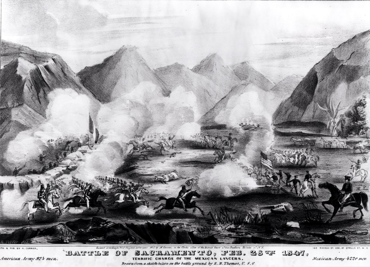 Bitwa pod Sacramento: Terrific Charge of the Mexican Lancers, 28 lutego 1847, grawerowana i opublikowana przez Nathanial Currier (1813-88) 1847 autorstwa R. Telfer