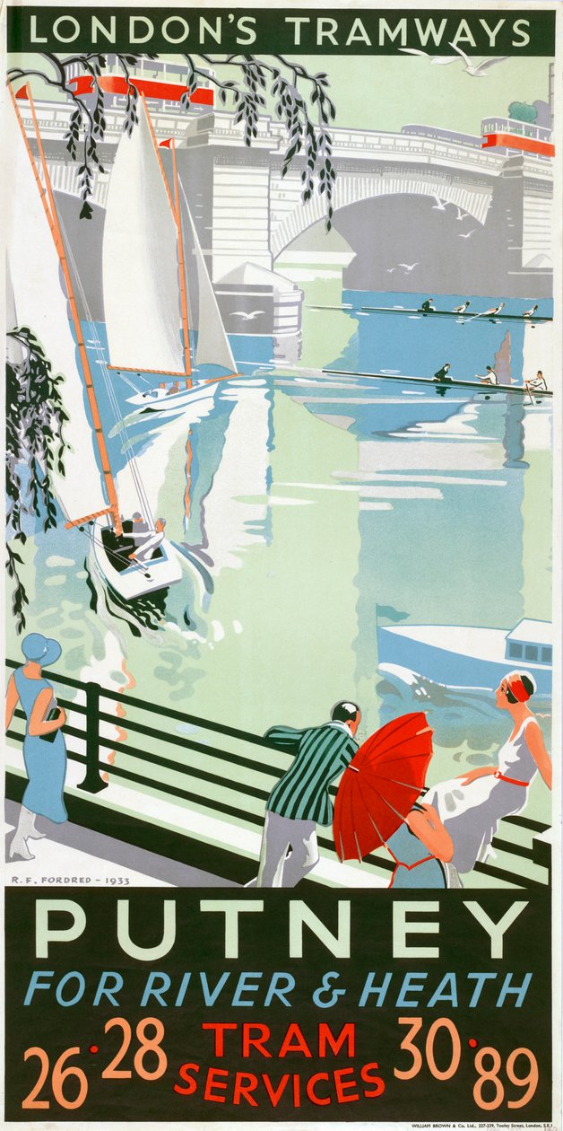 „Putney, dla rzeki i Heath”, plakat London County Council LCC Tramways, 1932 autorstwa RF Fordred