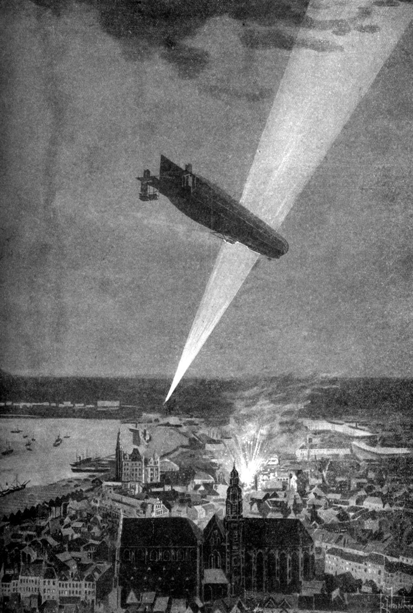 Bombardowanie Antwerpii przez Zeppelin, I wojna światowa, 24 sierpnia 1914. autorstwa R.G. Mathews