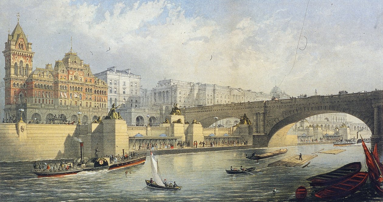 „Thames Embankment – molo do lądowania łodzi parowych w Waterloo”, Londyn, 1864 r. autorstwa RM Bryson