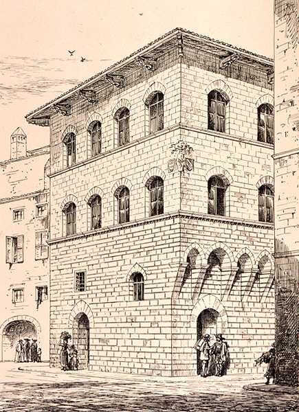 Dom z XIV wieku, Florencja, Włochy, z „Przykłady architektury miejskiej, handlowej i ulicznej Włoch i Francji od XII do XV wieku”, wyd. przez W.Mackenzie autorstwa R. (after) Anderson