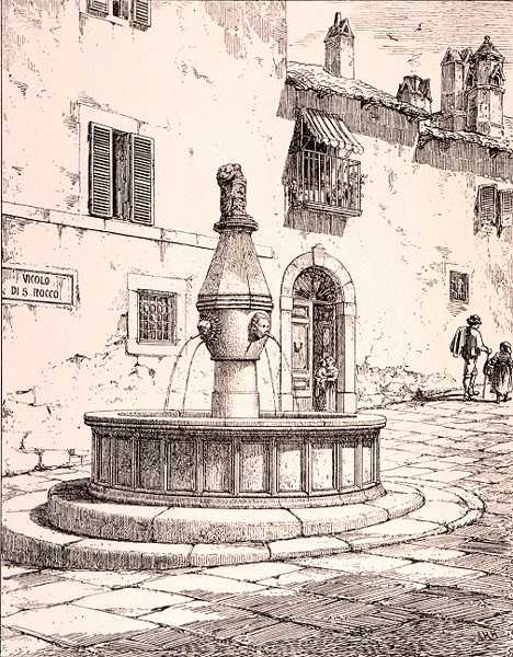 Fontanna Vicolo di S. Rocco, Viterbo, Włochy, z „Przykłady architektury miejskiej, handlowej i ulicznej Francji i Włoch od XII do XV wieku”, wyd. przez W.Mackenzie autorstwa R. (after) Anderson