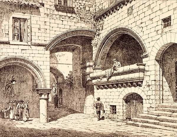 Część Piazza San Pellegrino, Viterbo, Włochy, z „Przykłady architektury miejskiej, handlowej i ulicznej Francji i Włoch od XII do XV wieku, wyd. przez W.Mackenzie autorstwa R. (after) Anderson