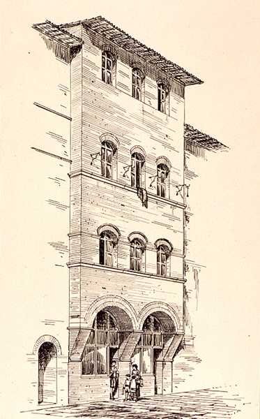 Widok ceglanego domu, Montepulciano, Włochy, z „Przykłady architektury miejskiej, handlowej i ulicznej Francji i Włoch od XII do XV wieku”, wyd. przez W.Mackenzie autorstwa R. (after) Anderson