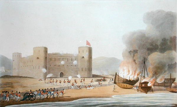 Atak na Fort Luft, 27 listopada 1809 r., z „szesnastu widoków miejsc w Zatoce Perskiej, wykonanych w latach 1809-10 ilustrujących postępowanie sił zbrojnych użytych podczas wyprawy wysłanej z Bombaju”, ryt. I. Clarka, opublikowano 1 autorstwa R. (after) Temple