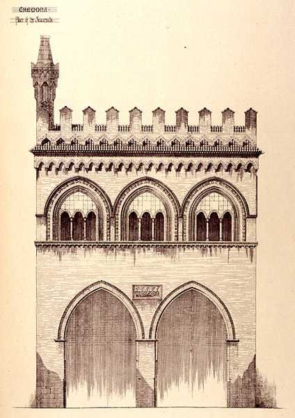 Pałac Jurisconsults, Cremona, Włochy, zbudowany w 1292 roku, z „Przykładów architektury miejskiej, handlowej i ulicznej Francji i Włoch od XII do XV wieku” autorstwa R. Anderson