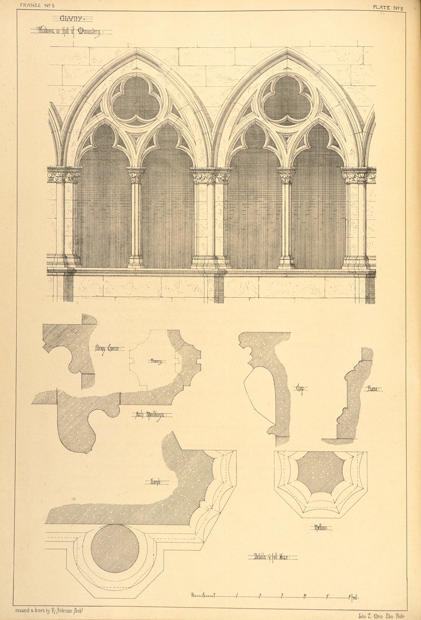 Okna w Sali Klasztornej w Cluny, z "Przykładów architektury miejskiej, handlowej i ulicznej Francji i Włoch od XII do XV wieku", 1841 r. autorstwa R. Anderson