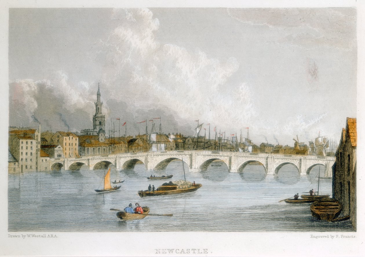 Kamienny most łukowy przez rzekę Tyne w Newcastle-upon-Tyne, Anglia, c1830. autorstwa R Francis