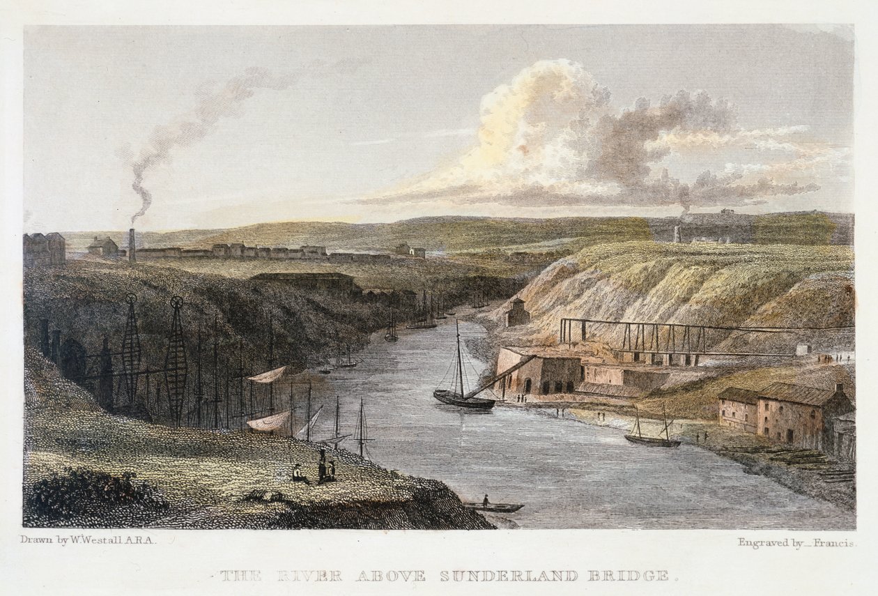 The Wear nad Sunderland Iron Bridge, c1829. autorstwa R Francis