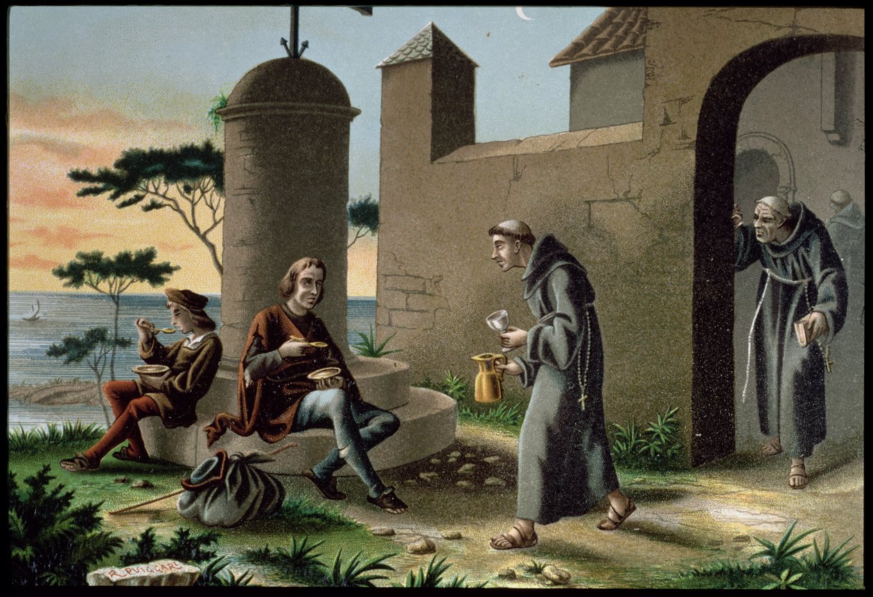 Przybycie Krzysztofa Kolumba (1451-1506) z synem do klasztoru la Rabida, z książki Odkrycie Ameryki, wydanej w Barcelonie w 1878 r. (kolor lito) autorstwa R. Puiggari