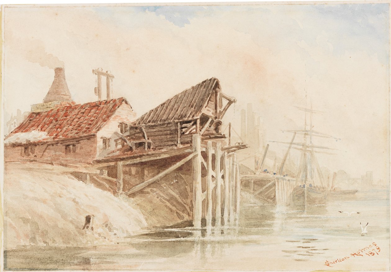 Old Coal Shipping Staithes w pobliżu Wallsend (ołówek i wc na papierze wklejone na kartę) autorstwa R. Sheriton Holmes