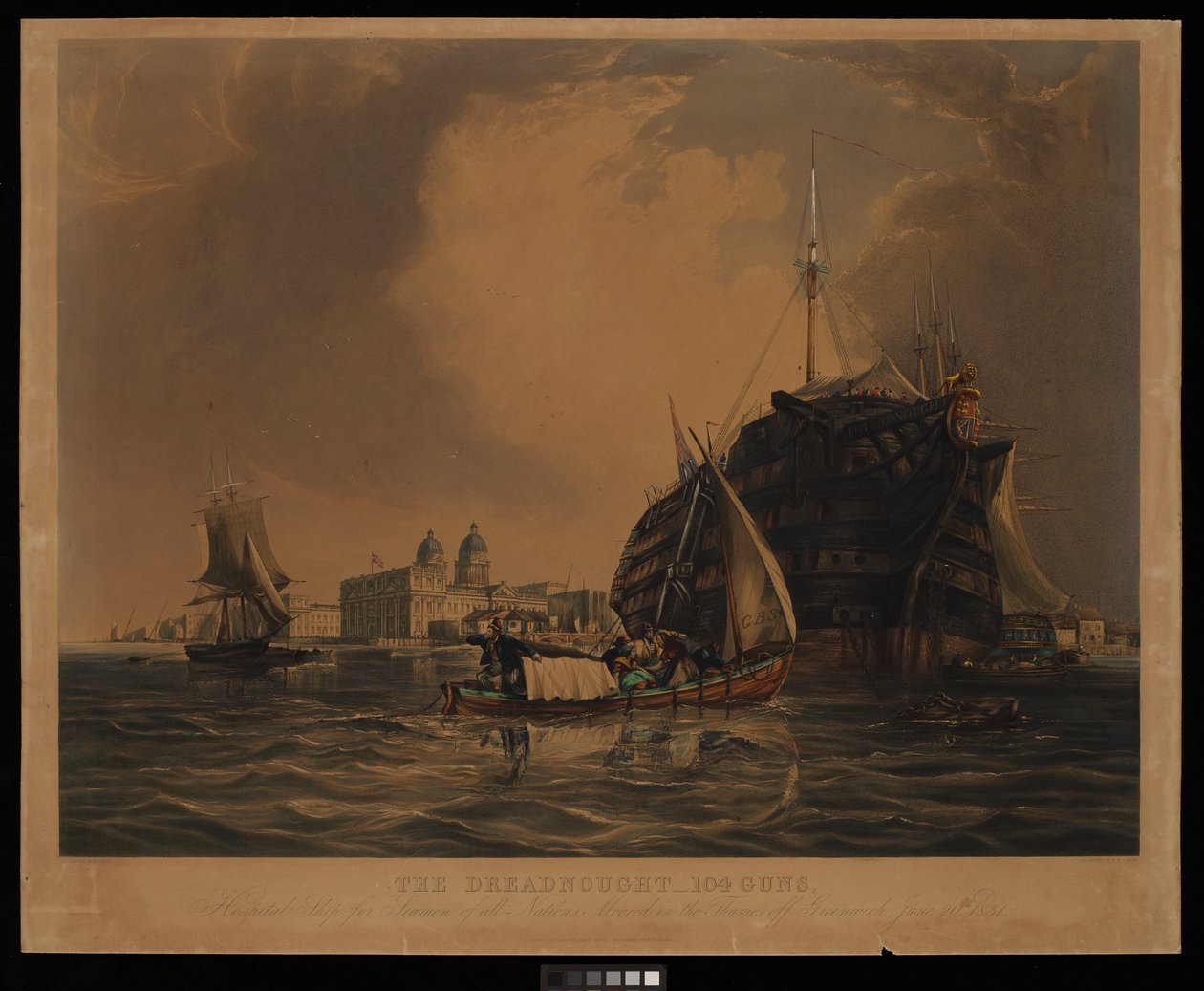 Dreadnought 104 działa, okręt szpitalny dla marynarzy wszystkich narodów, zacumowany w Tamizie u wybrzeży Greenwich, 20 czerwca 1831 r. autorstwa R. W. Price