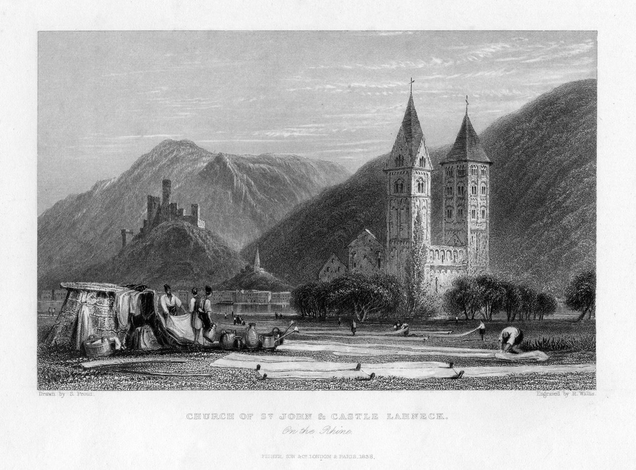 Kościół św. Jana i zamek Lahneck nad Renem, 1838 autorstwa R. Wallis