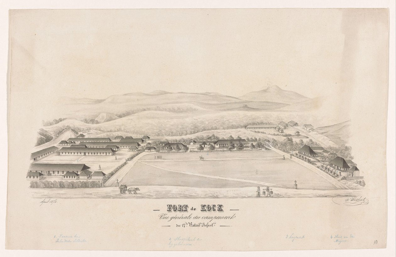 Widok na Fort de Kock Fort de Kock / Vue générale du campemente / du 17de Batail.on Infant.rie (tytuł na obiekcie) autorstwa R. Walthert (signed by artist)