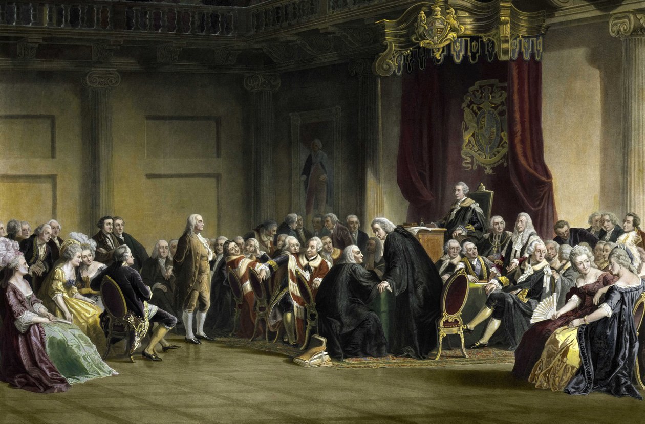 Benjamin Franklin (1706-1790), amerykański filozof, fizyk i mąż stanu przed Lords of the Privy Council, Whitehall Chapel, Londyn autorstwa R. Whitechurch