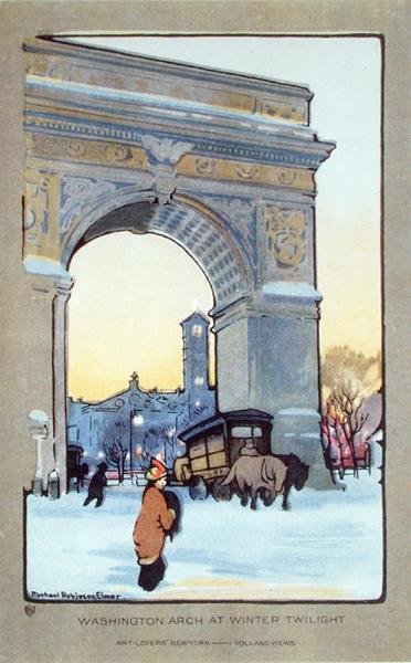 Washington Square Arch o zimowym zmierzchu, pocztówka, ok. 1914 (kolor lito) autorstwa Rachael Robinson (after) Elmer