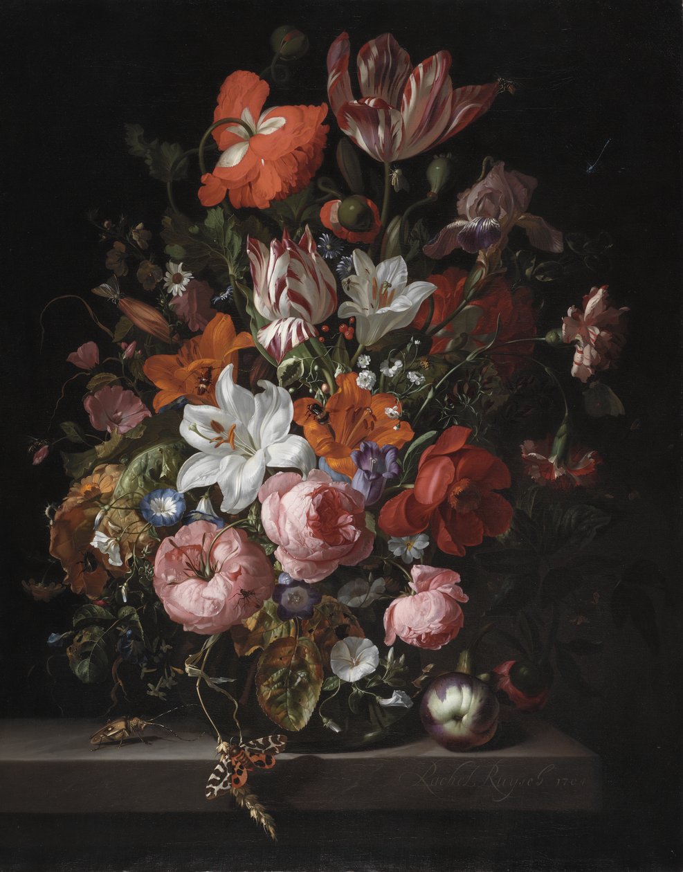 Kwiaty w szklanym wazonie, 1704 autorstwa Rachel Ruysch