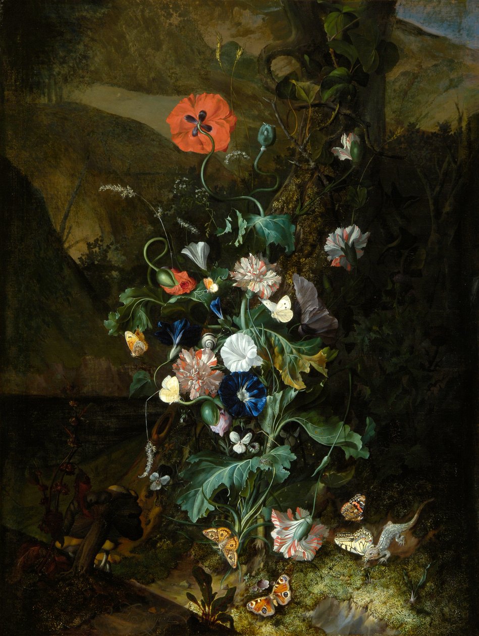 Układ kwiatów przy pniu drzewa, ok. 1683 (olej na płótnie) autorstwa Rachel Ruysch
