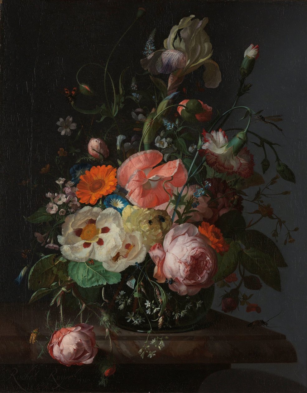 Martwa natura z kwiatami na marmurowym blacie autorstwa Rachel Ruysch