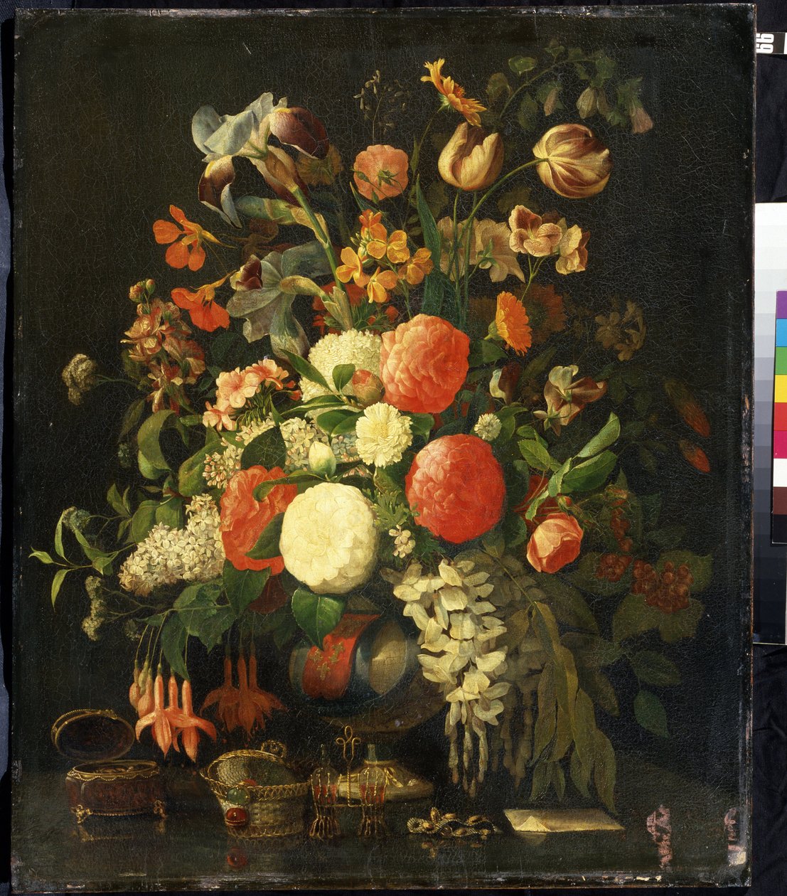 „Bukiet kwiatów”” (Kwiaty) Na stole są szkatułki na biżuterię. Obraz Rachel Ruysch (1664-1750) XVIII-wieczne Muzeum Sztuki Michaiła Kroszyckiego, Sewastopol (Sewastopol) Ukraina autorstwa Rachel Ruysh
