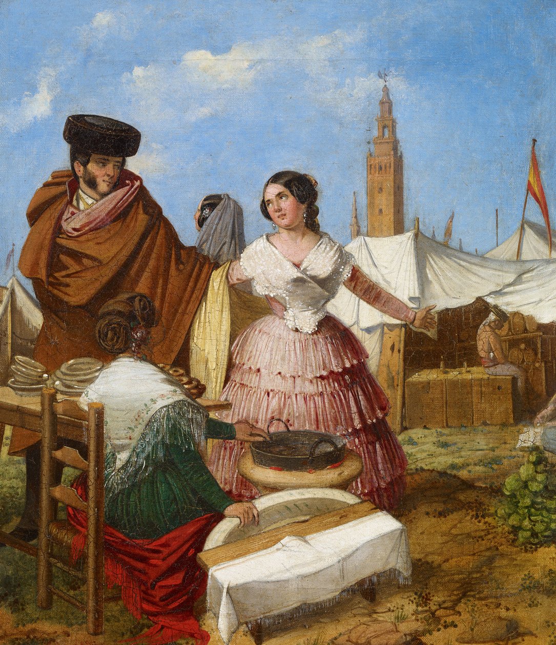 Zaloty na stoisku cukierniczym w kształcie pierścienia na targach w Sewilli - Benjumea, Rafael (ok. 1825-ok. 1887) - 1852 - Olej na płótnie - 35x30 - Museo Carmen Thyssen, Malaga autorstwa Rafael Benjumea