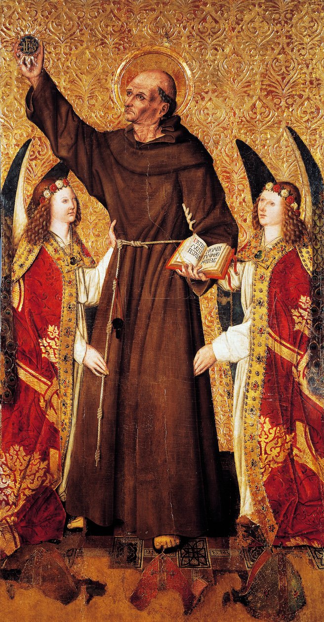Bernard i anioły, centralny panel Ołtarza św. Bernarda Rafaela Tomasa (czynny 1455-1479), predella Joan Figuera (czynny od 1454-zm. 1477 lub 1479), tempera na desce, 398, 9x253 cm autorstwa Rafael & Figuera Joan (active c.1454 1477) Tomas