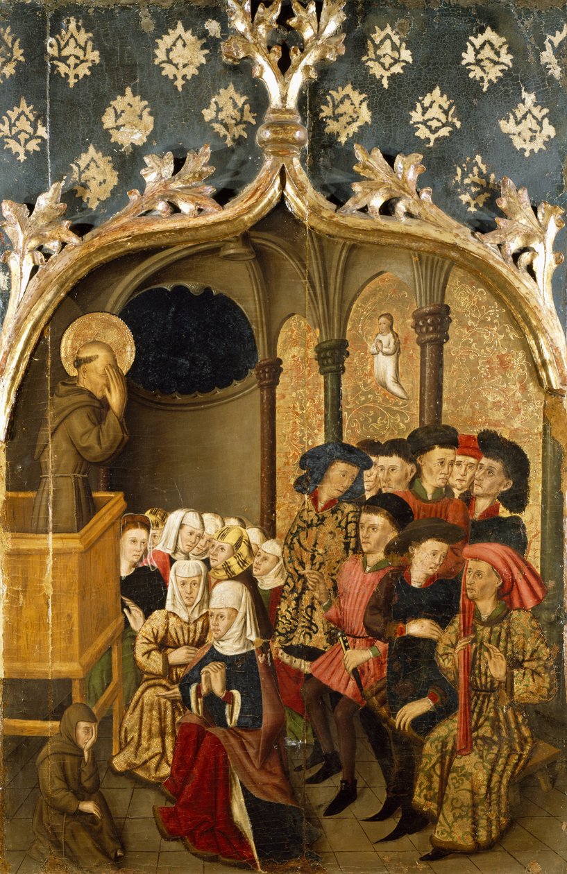 Wizja podczas kazania, fragment z lewej płyciny Ołtarza św. Bernanda Rafaela Tomasa (czynny 1455-1479), predella Joan Figuera (czynny od 1454-zm. 1477 lub 1479), tempera na desce, 398, 9x253 cm autorstwa Rafael & Figuera Joan (active c.1454 1477) Tomas
