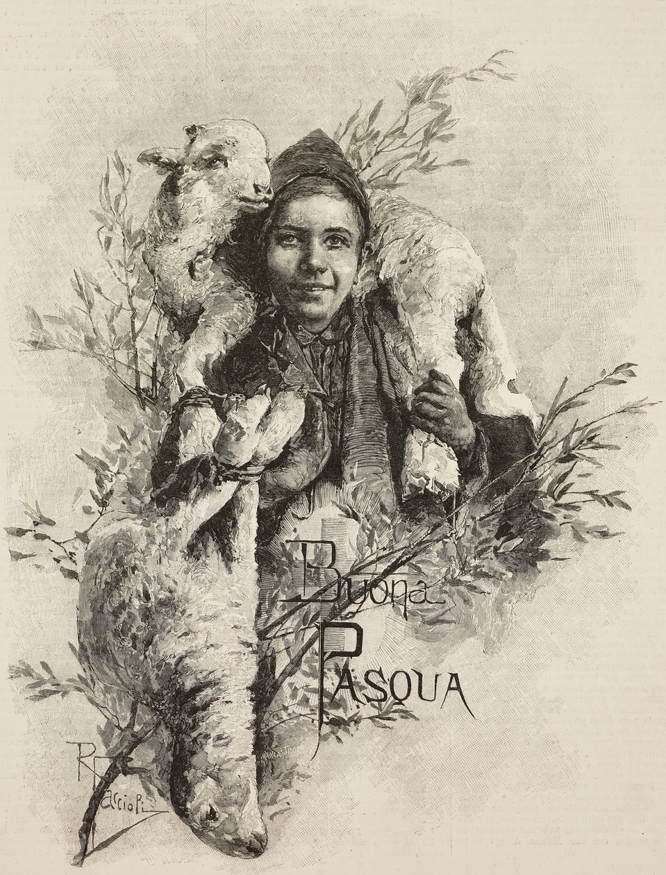 Wesołych Świąt Wielkanocnych, młody człowieku z barankiem na ramionach, rycina z obrazu Raffaele Faccioli (1836-1914), z L