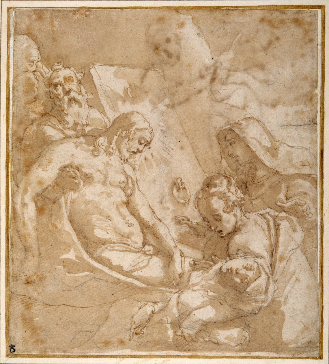 Złożenie do grobu (pióro & tusz z wash & gwasz, na kredzie, na papierze) autorstwa Raffaellino da Reggio (c.1550 78)