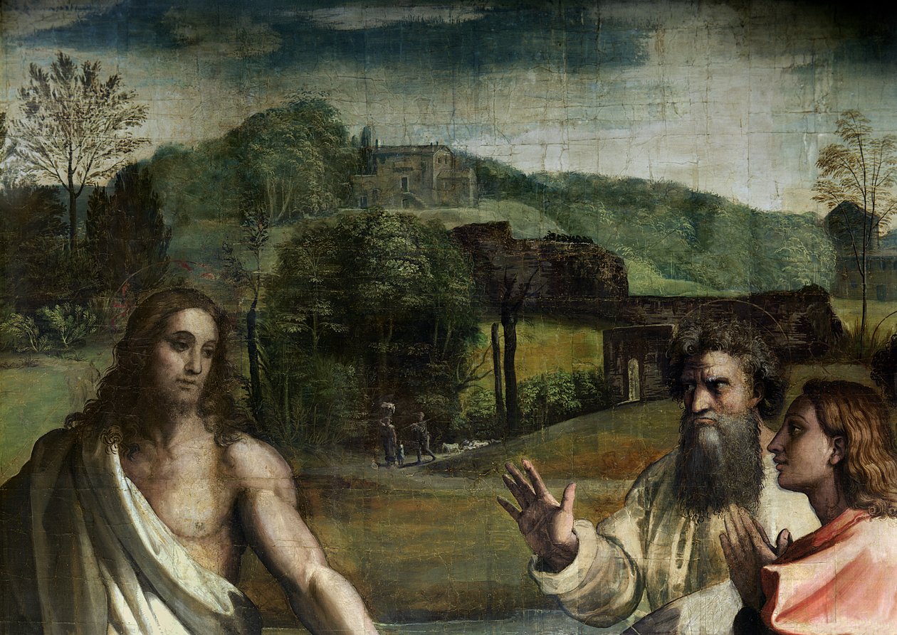 Nakaz Chrystusa dla św. Piotra (kreskówka do Kaplicy Sykstyńskiej) (przed renowacją) (detal z 33707) autorstwa Raffaello Sanzio Raphael