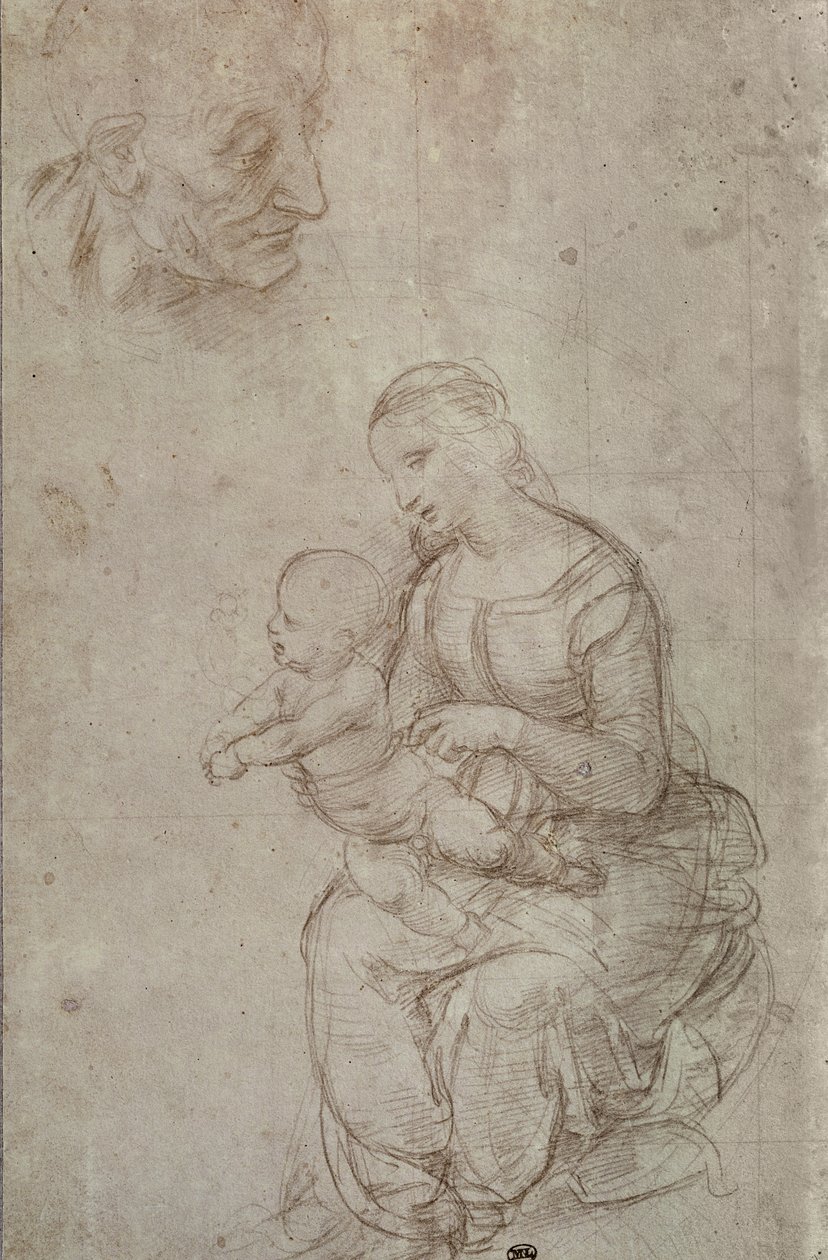Madonna z dzieckiem i głową starca (metalowy punkt na przygotowanym jasnoróżowym papierze) autorstwa Raffaello Sanzio Raphael
