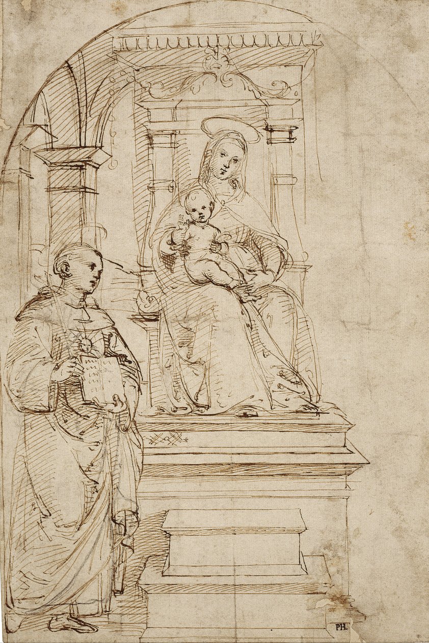 Szkic do tronującej Dziewicy z Dzieciątkiem ze św. Mikołajem z Tolentino autorstwa Raffaello Sanzio Raphael