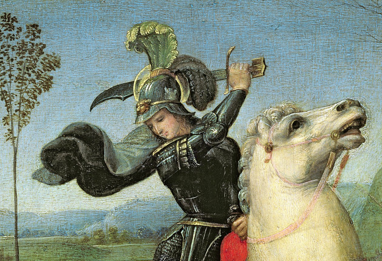 Jerzy walczący ze smokiem, ok. 1503-05 (detal z 15971) autorstwa Raffaello Sanzio Raphael
