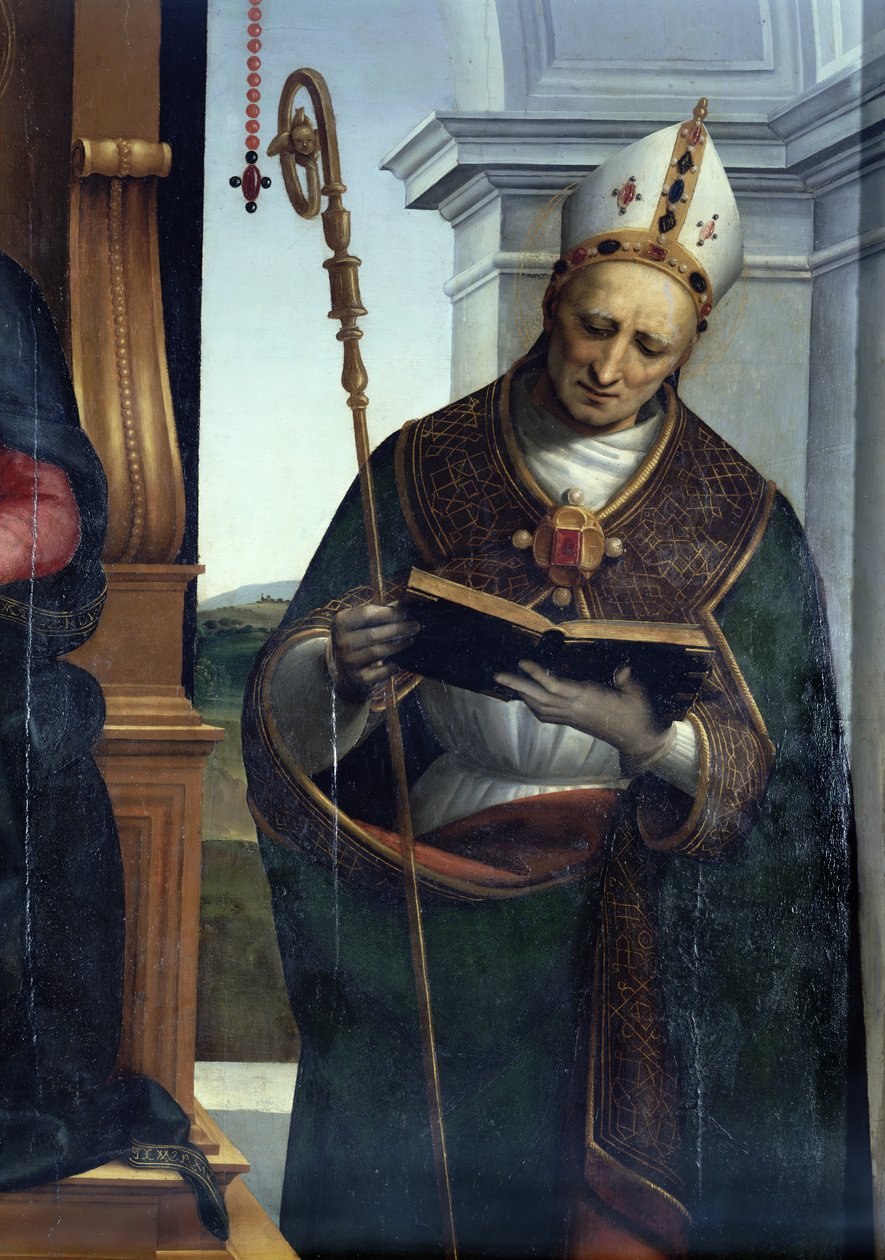 Madonna z Dzieciątkiem ze św. Janem Chrzcicielem i św. Mikołajem z Bari, 1505 (detal z 30269) autorstwa Raffaello Sanzio Raphael