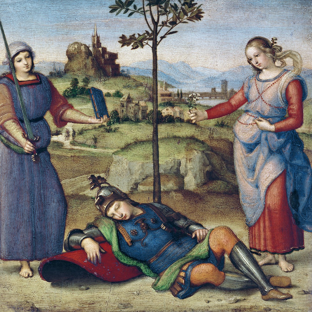 Wizja rycerza, ok.1504 (olej na topoli) autorstwa Raffaello Sanzio Raphael
